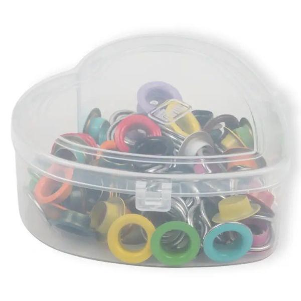 Prym Ösen mit Scheiben, bunt, in Herzbox, 14 mm 542622